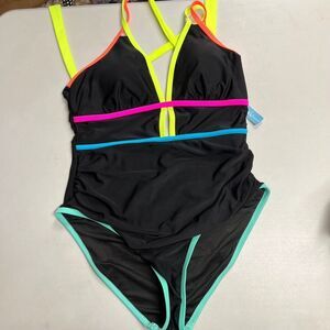 POPVIL Women's One Piece Neon Color Swimsuit Ruched Cut Out Size XL Multicolored
